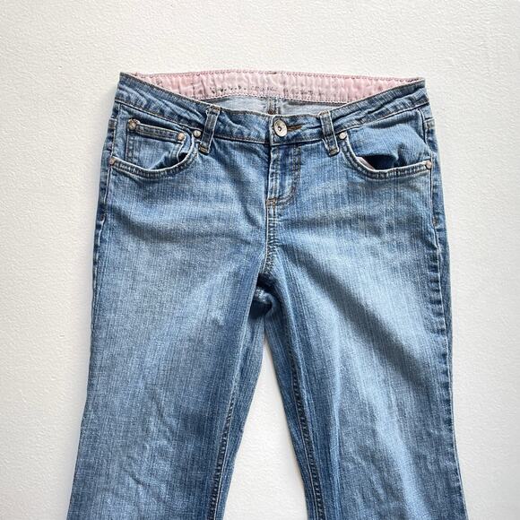 Vtg Y2K L.E.I Blue Denim Low Rise Flared Jeans Faded Sz 9 Tall Casual - Picture 3 of 8